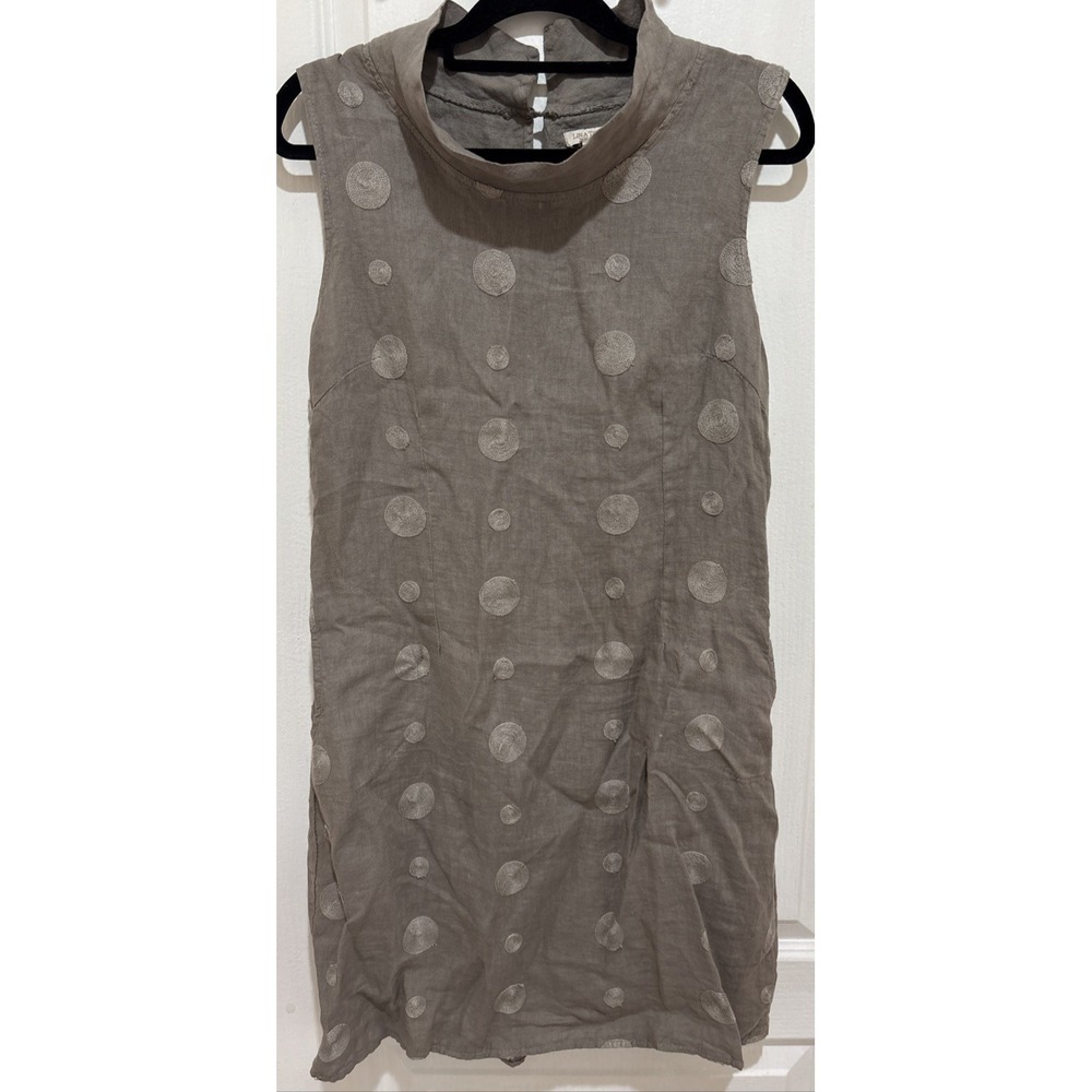 Lina Tomei Linen Dress Women's Gray Embroidered Lagenlook Minimalist Boho Chic M